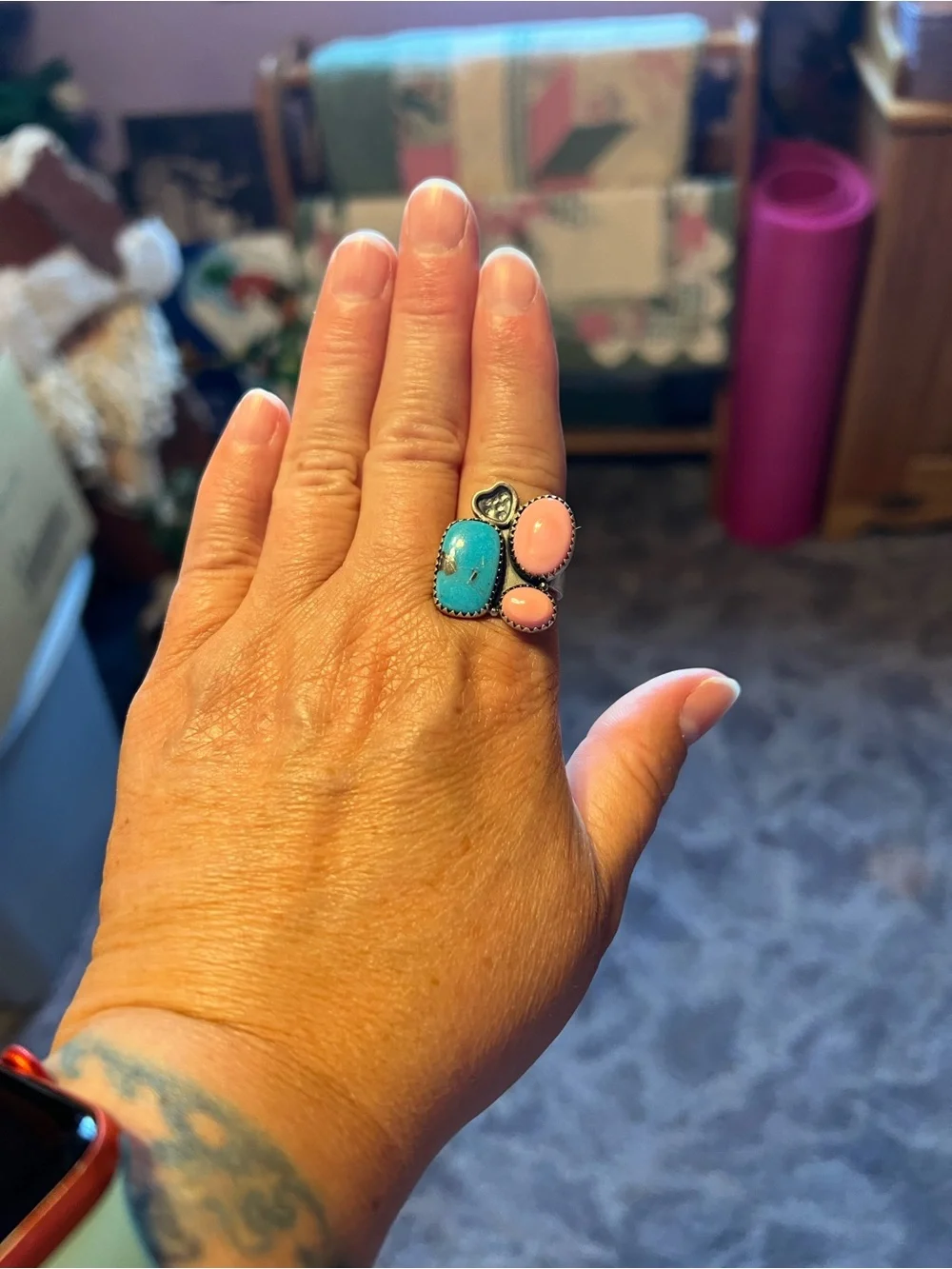 Sterling Southwestern, turquoise and pink conch ring